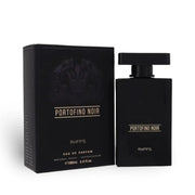A sleek black rectangular bottle labeled “Riiffs Portofino Noir 100ml EDP” by Riiffs Perfumes, a highlight from the Riiffs Perfumes collection, is displayed next to its matching black box adorned with gold accents. This woody spicy Eau de Parfum captures an air of sophistication and allure, making it an ideal choice for any occasion.