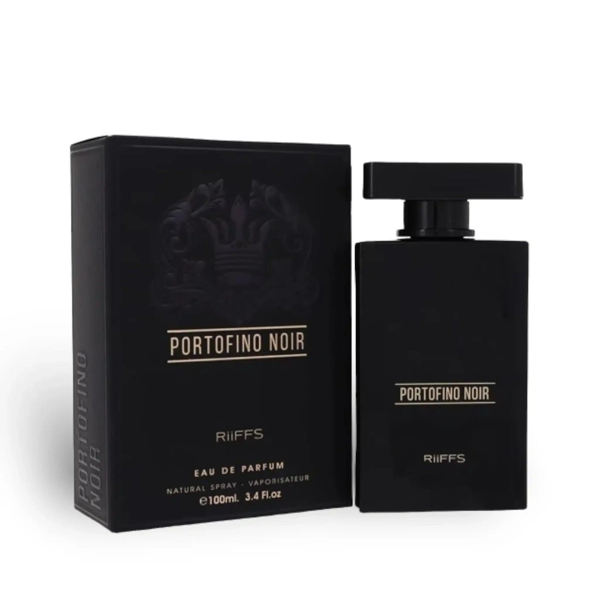 A sleek black rectangular bottle labeled “Riiffs Portofino Noir 100ml EDP” by Riiffs Perfumes, a highlight from the Riiffs Perfumes collection, is displayed next to its matching black box adorned with gold accents. This woody spicy Eau de Parfum captures an air of sophistication and allure, making it an ideal choice for any occasion.