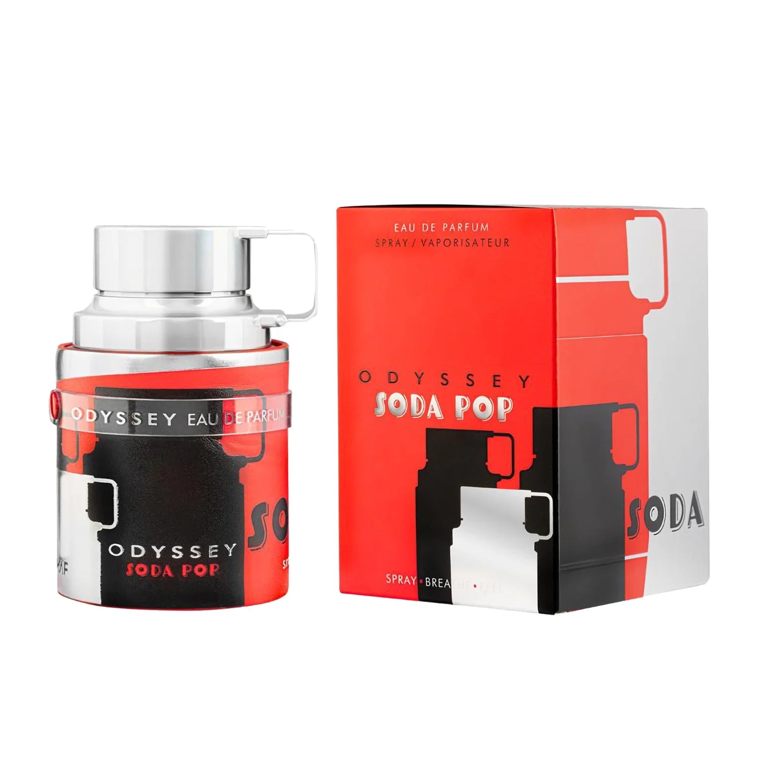 Armaf Odyssey Soda Pop 100ml EDP bottle and its matching red and silver packaging box are displayed side by side, showcasing the vibrant Citrus Aromatic fragrance by Armaf.