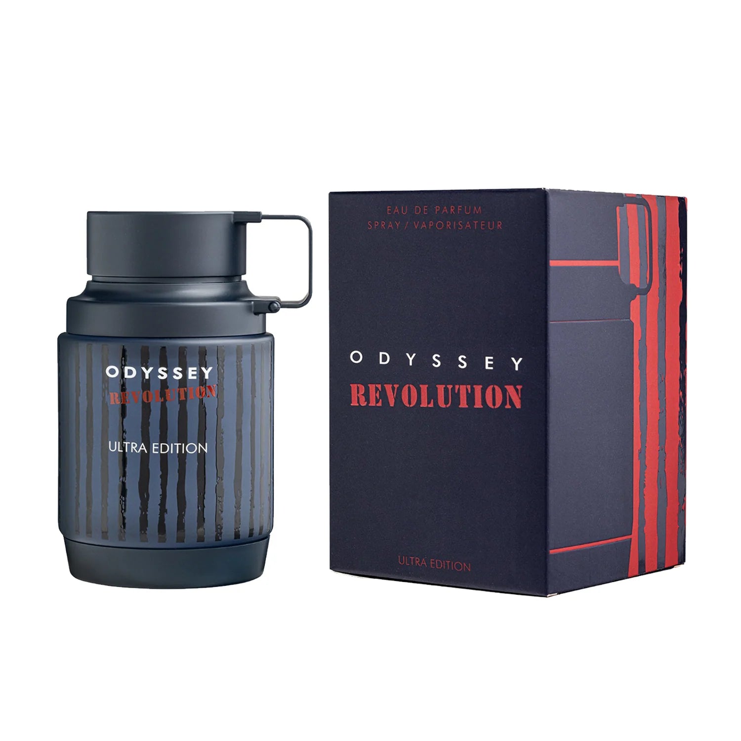 A bottle and box of Armaf Odyssey Revolution 100ml EDP by Armaf, both finished in dark blue with vertical black and red stripes and minimalist text, perfectly embodying a bold men’s fragrance.