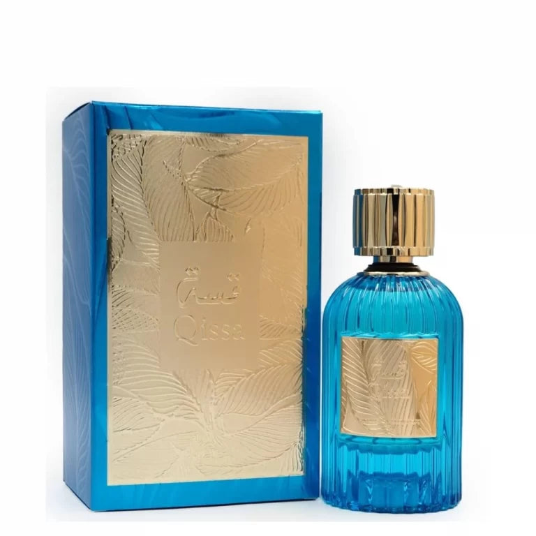 A blue ribbed bottle with gold accents and a matching box displays Paris Corner Qissa 100ml EDP, a sophisticated unisex fragrance by Paris Corner.