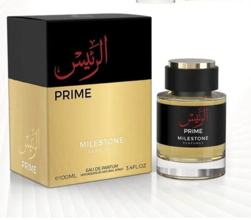 A bottle of Prime by Milestone Perfumes 100ml Eau De Parfum with a box next to it.