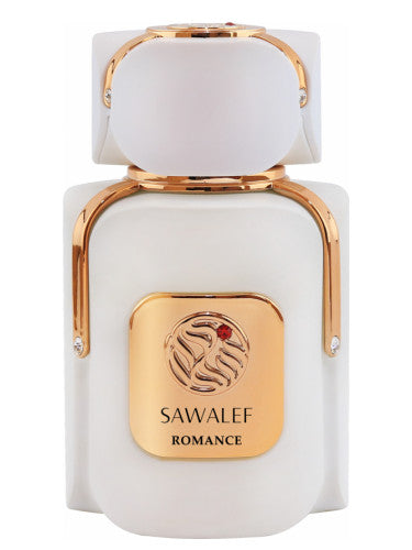 A 80ml bottle of Sawalef Romance 80ml Eau De Parfum, a unisex fragrance by Sawalef, elegantly displayed on a white background.