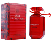 A red Fragrance World Rose Seduction Secret Essence 100ml EDP bottle by Rio Perfumes stands next to its matching red striped box, evoking the style of Victoria's Secret Bombshell Intense.