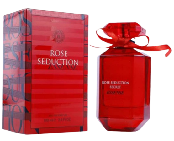A red Fragrance World Rose Seduction Secret Essence 100ml EDP bottle by Rio Perfumes stands next to its matching red striped box, evoking the style of Victoria's Secret Bombshell Intense.