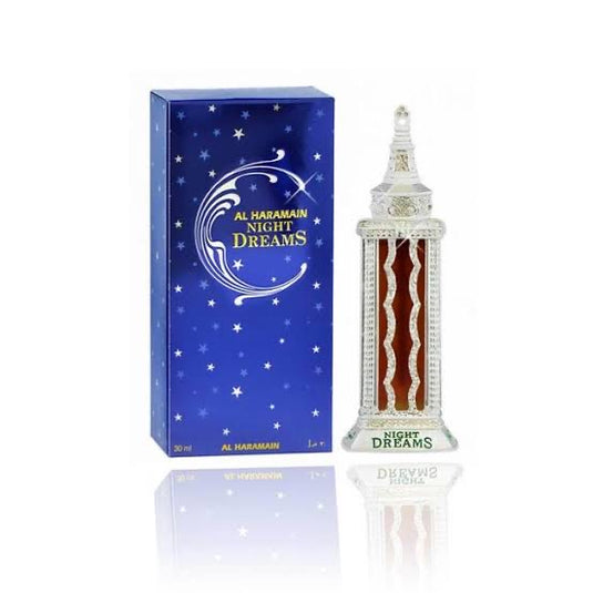 A bottle of Al Haramain Night Dreams Pure Perfume Oil 30ml in a box for Men & Women.