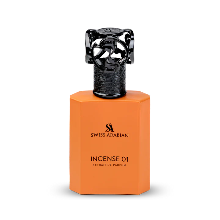 A faceted orange bottle labeled "Swiss Arabian Incense 01 50ml Extrait De Parfum" with a decorative black cap displays this elegant unisex fragrance from Swiss Arabian against a plain white background.