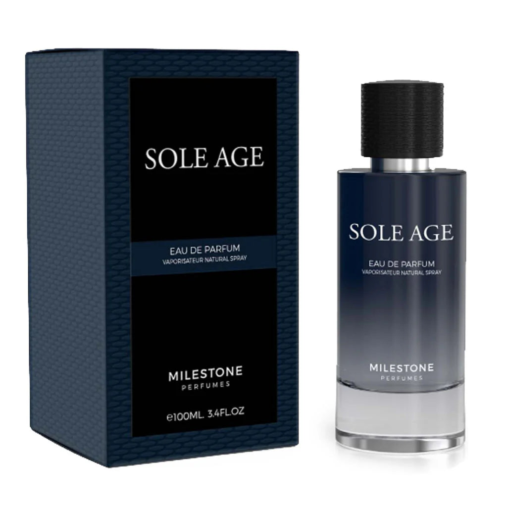 A bottle and box of Milestone Sole Age 85ml EDP by Milestone, a captivating unisex fragrance, featuring a dark gradient design and 85ml size label.