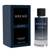 A bottle and box of Milestone Sole Age 85ml EDP by Milestone, a captivating unisex fragrance, featuring a dark gradient design and 85ml size label.