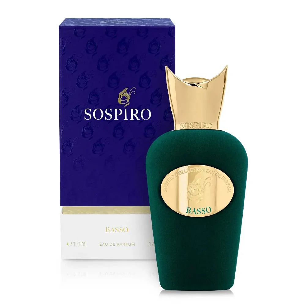 A green and gold Sospiro Basso 100ml EDP bottle stands in front of its matching blue and gold box packaging, highlighting this luxurious unisex fragrance from Sospiro.