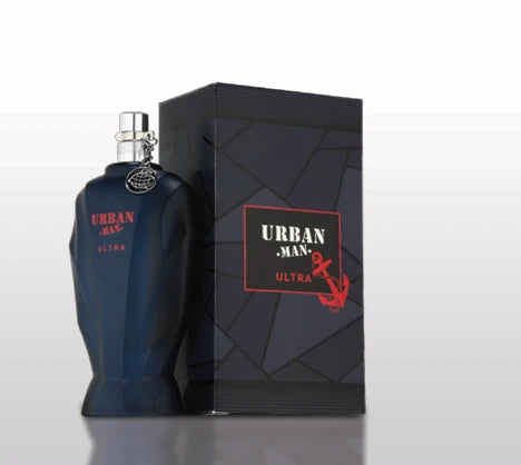 A dark blue Fragrance World Urban Man Ultra 90ml EDP bottle stands beside its matching box, featuring red and white text and a red anchor graphic, exemplifying Fragrance World’s signature oriental woody fragrance.