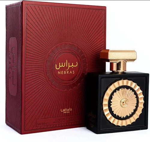 A bottle of Lattafa Nebras 100ml Eau De Parfum perfume in front of a box.