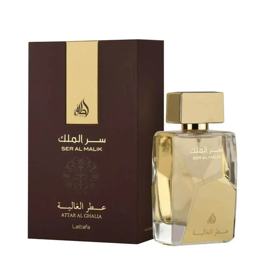 A box of Lattafa Ser Al Malik Attar Al Ghalia 100ml Eau De Parfum by Rio Perfumes, an exquisite and luxurious Arabian fragrance.