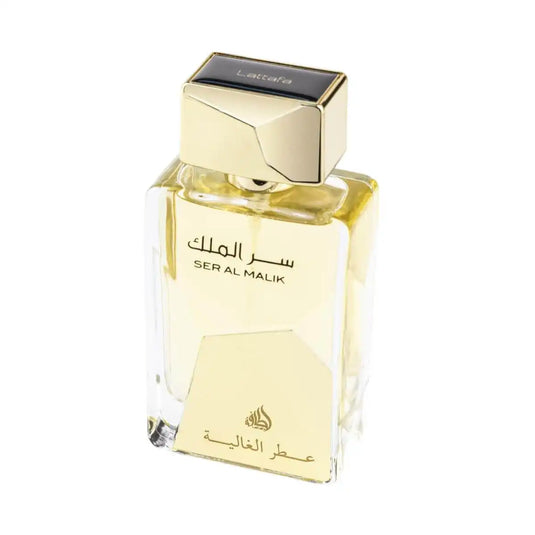 A bottle of Rio Perfumes Lattafa Ser Al Malik Attar Al Ghalia 100ml Eau De Parfum on a white background.
