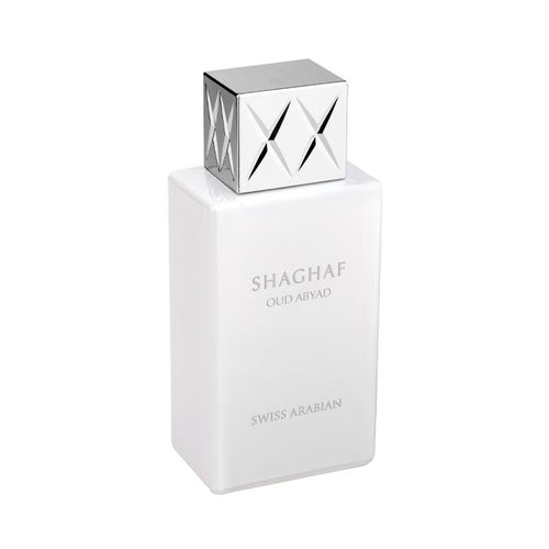A bottle of Swiss Arabian Shaghaf Oud Abyad White Oud Eau De Parfum, a spicy balsamic fragrance, on a white background.