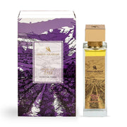 A rectangular bottle of Swiss Arabian Enigma of Taif 100ml Extrait de Parfum stands beside its purple, gold, and white box with mountain and flower designs. The label reads "Taif," highlighting this unisex Taif rose perfume by Swiss Arabian.