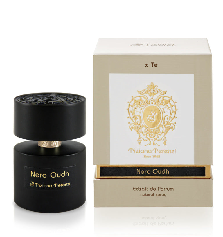 A black bottle of Tiziana Terenzi Nero Oudh 100ml Extrait De Parfum is shown beside its beige and gold box, showcasing this luxurious unisex fragrance by Tiziana Terenzi.
