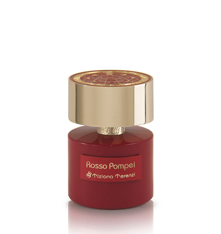 A luxurious Tiziana Terenzi Rosso Pompei 100ml Extrait De Parfum, in a red bottle with a gold cap, designed for men and women, shown on a white background.