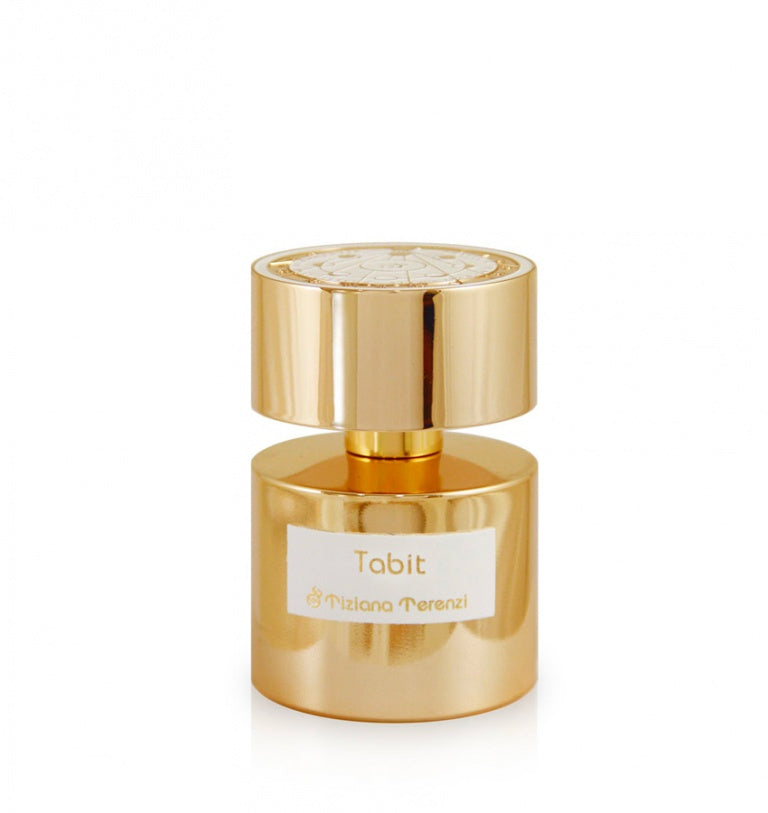 The Tiziana Terenzi Tabit 100ml Extrait De Parfum features a gold cylindrical bottle with a round cap and elegant detailing—an exquisite unisex fragrance from Tiziana Terenzi.