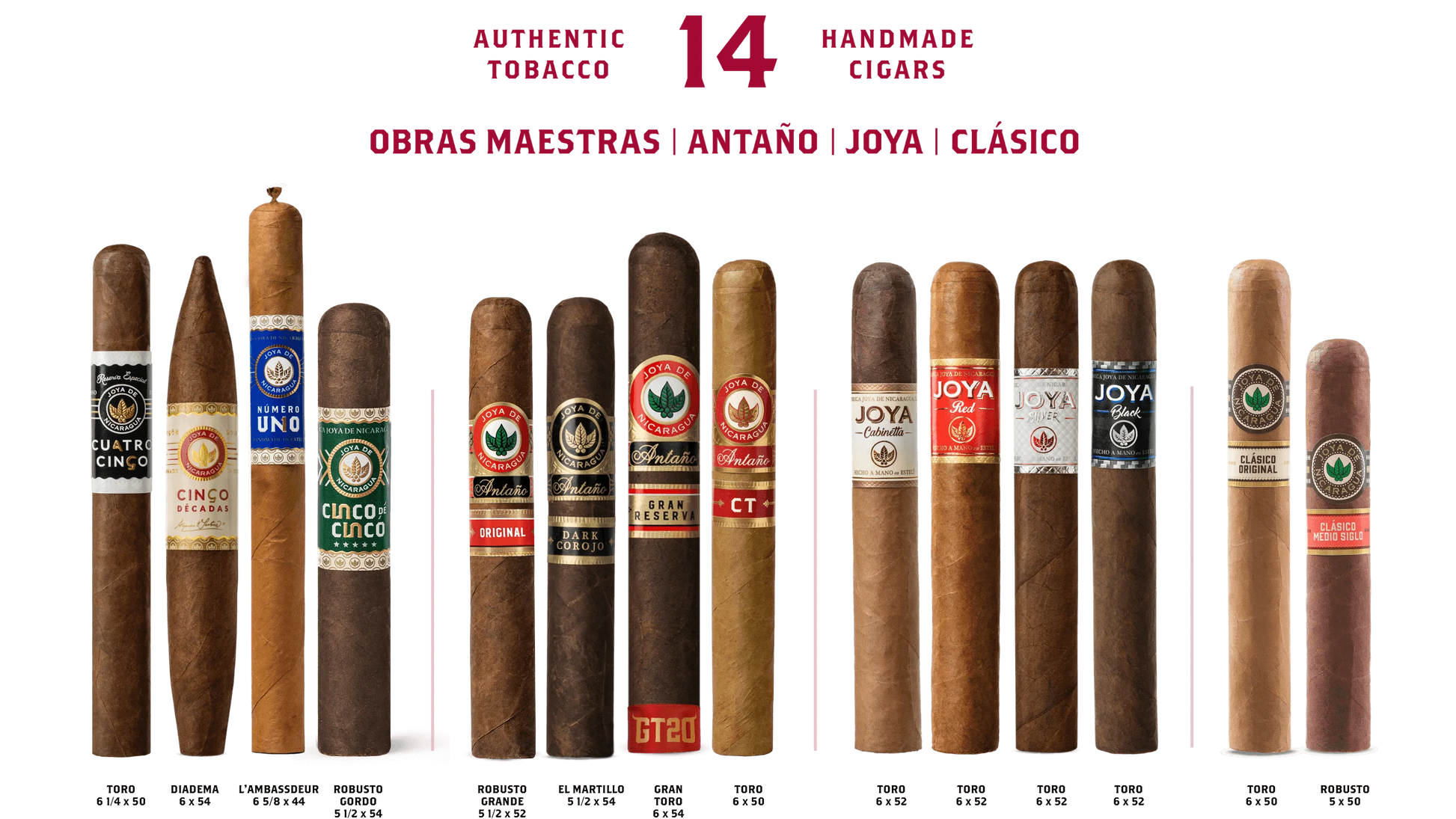 The Joya de Nicaragua Limited Edition Ultimate Jewel Collection features 14 handmade cigars, each upright in a row with unique bands, showcasing diverse sizes, shapes, and wrapper colors from the renowned Joya de Nicaragua brand.