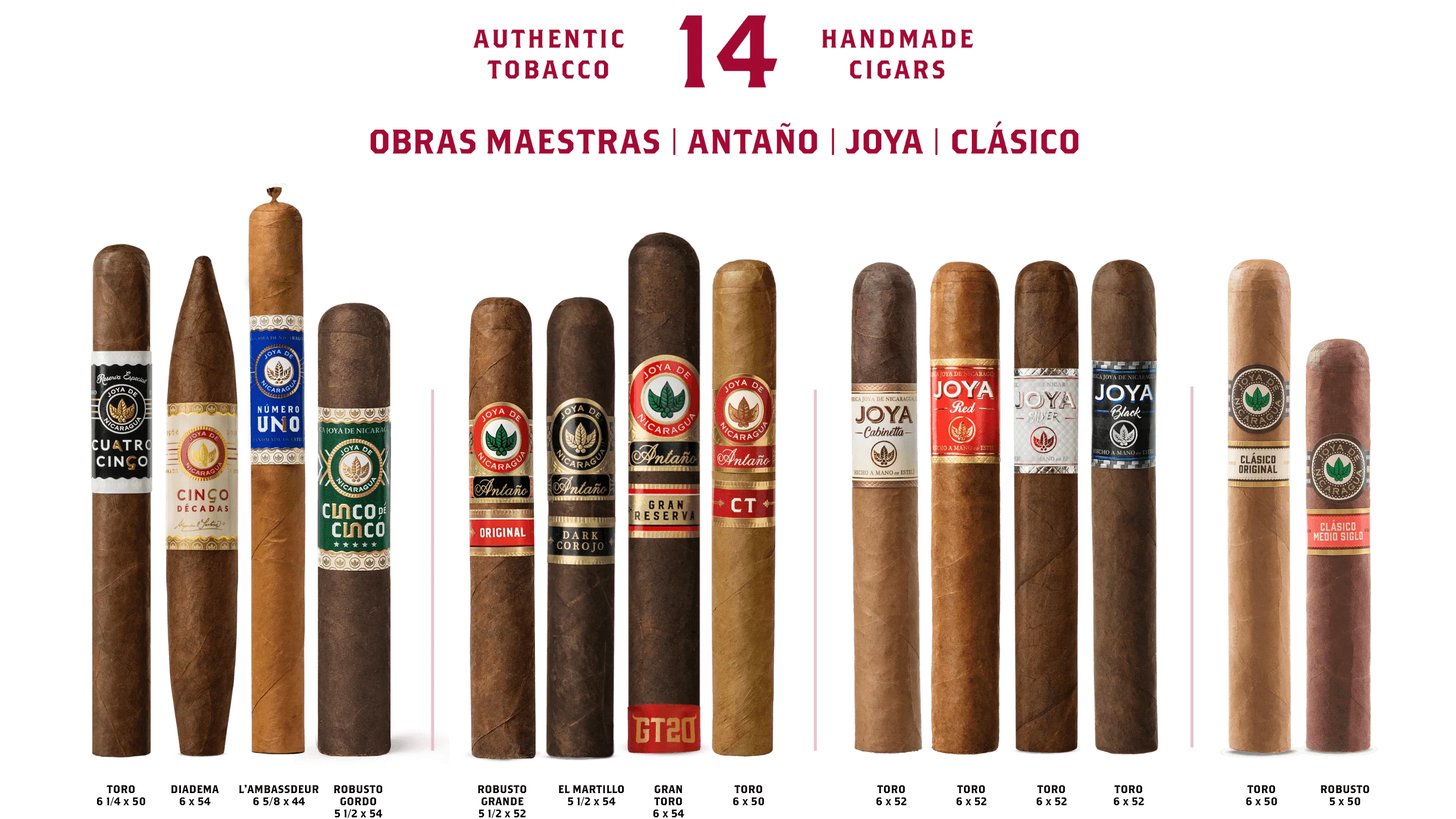 The Joya de Nicaragua Limited Edition Ultimate Jewel Collection features 14 handmade cigars, each upright in a row with unique bands, showcasing diverse sizes, shapes, and wrapper colors from the renowned Joya de Nicaragua brand.