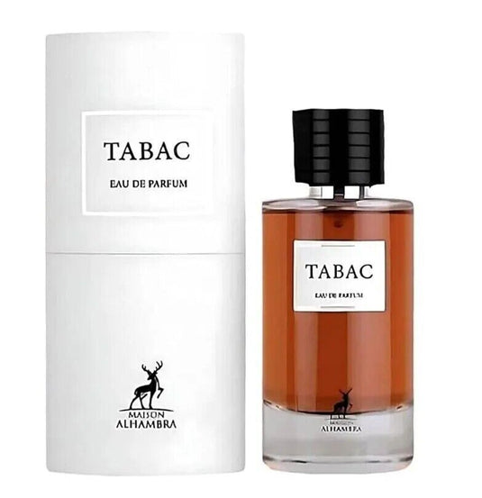 Bottle of Maison Alhambra Tabac 100 ml Eau De Parfum by Rio Perfumes next to its packaging.