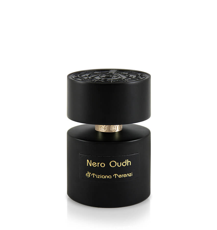 Tiziana Terenzi Nero Oudh 100ml Extrait De Parfum features a black cylindrical bottle with gold branding and an ornate flat cap—a refined unisex fragrance from Tiziana Terenzi.