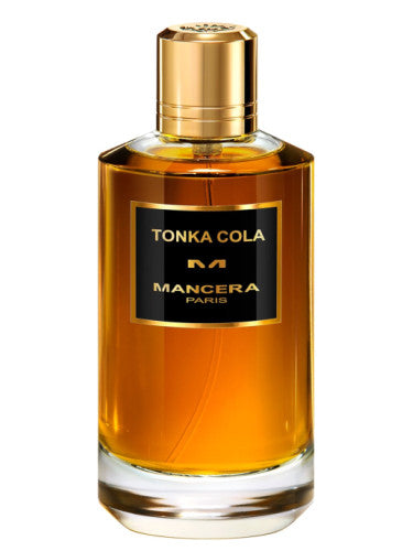 A bottle of Mancera Tonka Cola 120ml Eau De Parfum with a clear glass design and a gold cap.