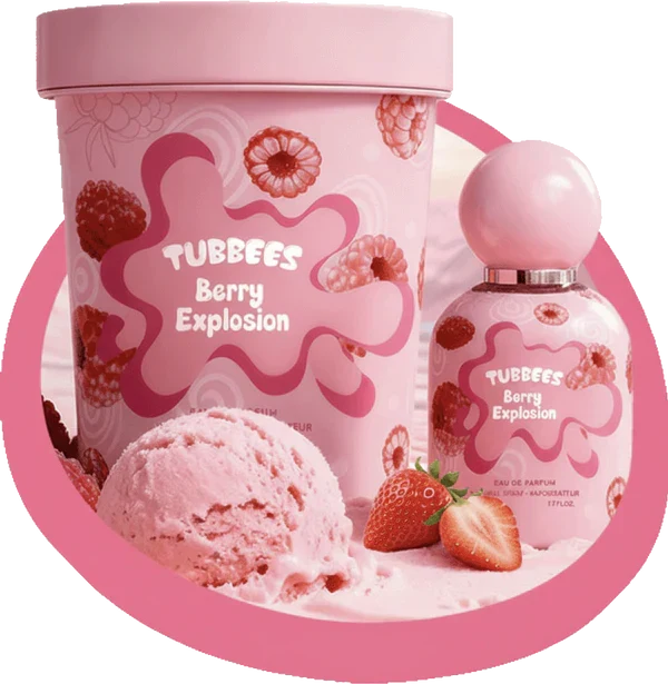 A bottle of Tubbees Berry Explosion EDP and a matching Tubbees ice cream tub are displayed alongside strawberries and a scoop of pink ice cream in the foreground, perfectly capturing the essence of this delightful mixed berry fragrance.