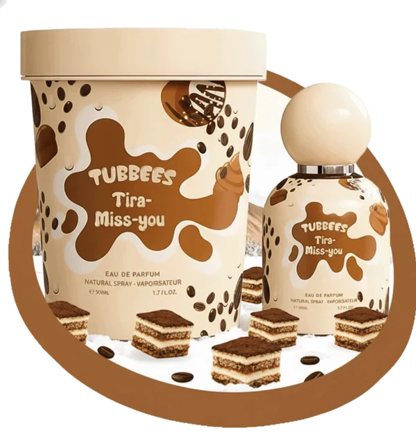 Two Tubbees Tira-Miss-You EDP bottles, one large and one small, are surrounded by tiramisu dessert pieces and coffee bean graphics on a white background, beautifully capturing the irresistible essence of this unisex fragrance from Tubbees—a must-have tiramisu-inspired eau de parfum for coffee scent enthusiasts.