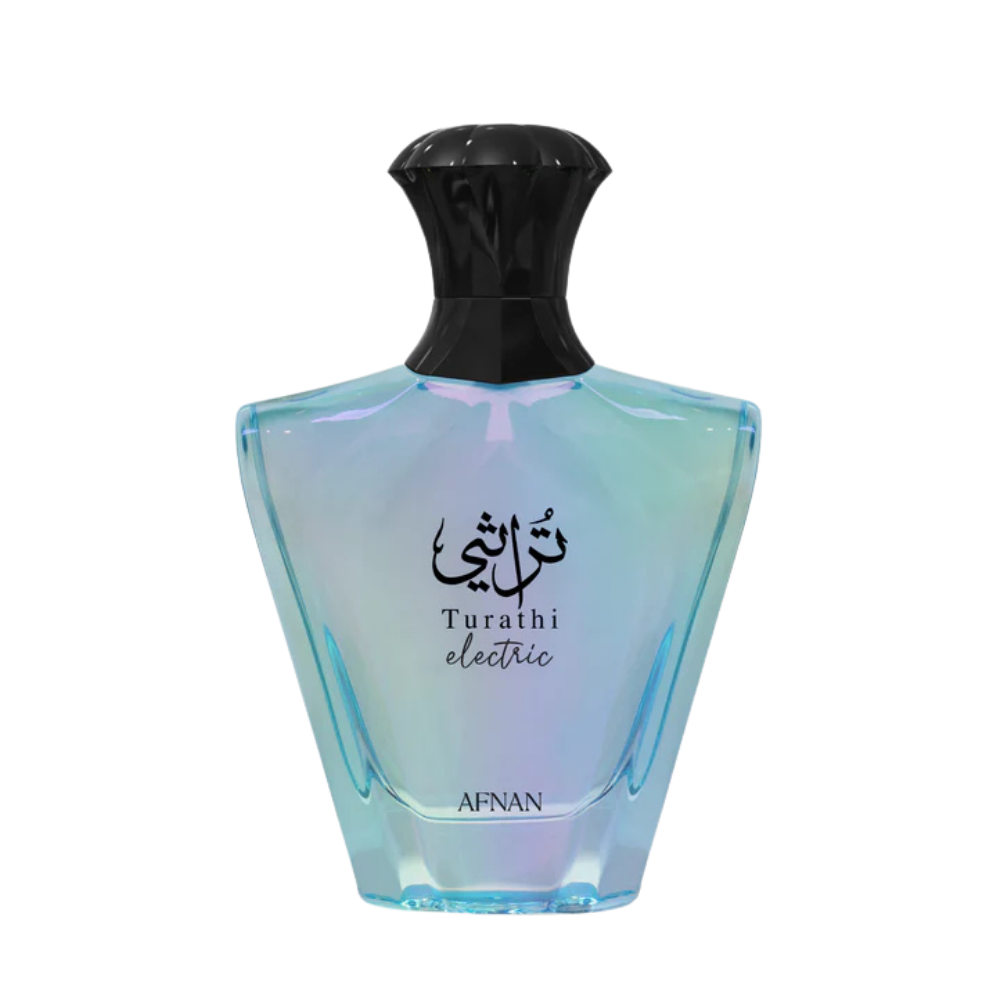 Afnan Turathi Electric 90ml EDP: an iridescent blue perfume bottle with black cap, “AFNAN” and “Turathi electric” in black text, plus Arabic script. A vibrant floral fruity fragrance for women by Afnan.