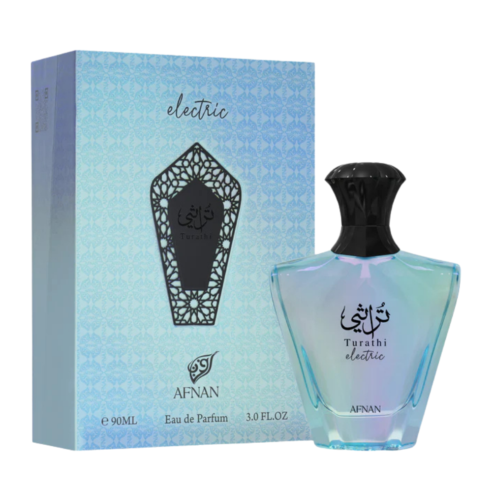 A bottle of Afnan Turathi Electric 90ml EDP, a lively floral fruity scent for women by Afnan, is shown beside its matching blue box with black decorative accents and text.