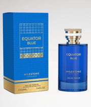 A blue and gold box labeled "Milestone Equator Blue 100ml Eau De Parfum" stands beside a matching blue perfume bottle with a gold cap, both from Rio Perfumes—a sophisticated fragrance for men and women.