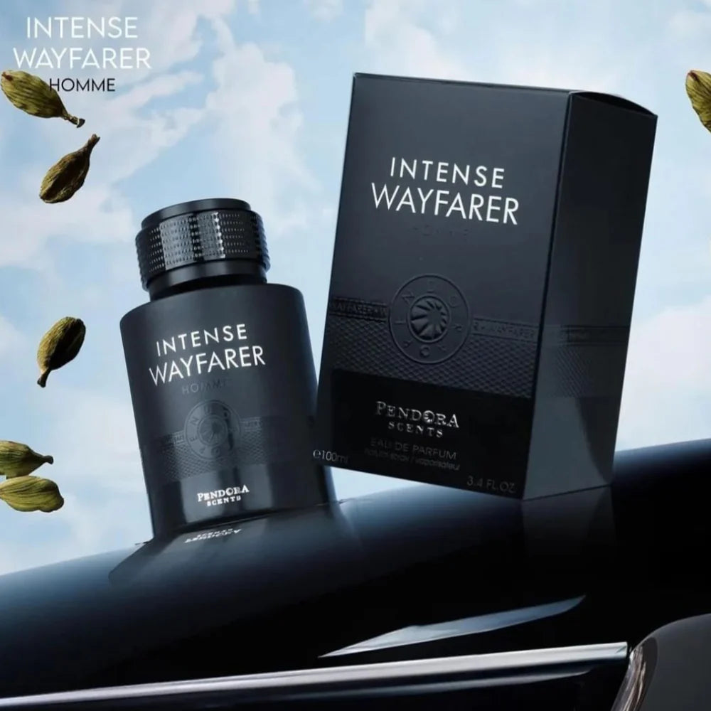 A Pendora Scents Intense Wayfarer 100ml Eau De Parfum bottle and box rest on a shiny black surface with cardamom pods, showcasing this alluring unisex fragrance from Pendora Scents.