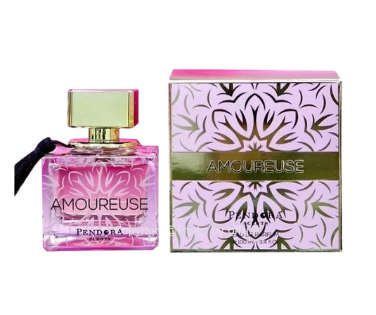 A bottle of Pendora Amoureuse 100ml Eau De Parfum with a pink box by Pendora Scents.