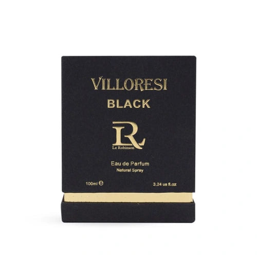A bottle of Rio Perfumes Le Robinson Villoresi Black 100ml Eau De Parfum on a white background.
