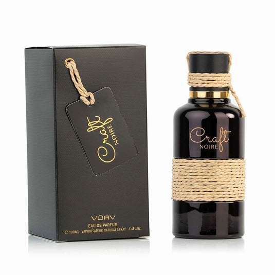 A bottle of fragrant Vurve Craft Noir 100ml Eau De Parfum by Vurv elegantly placed next to a box.