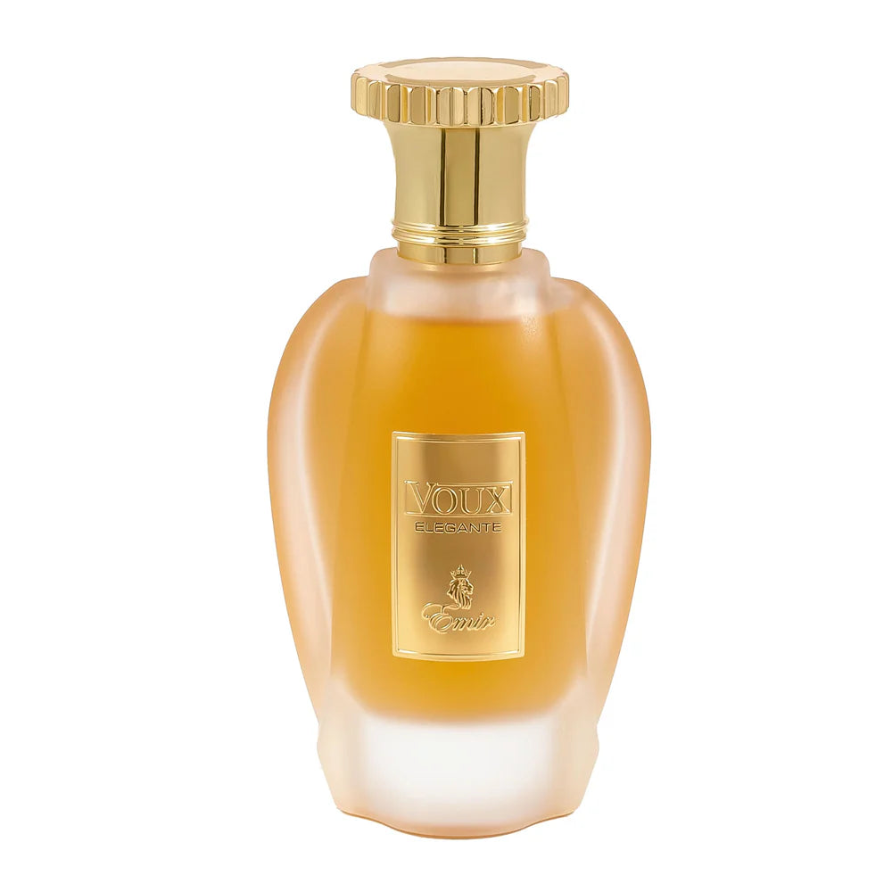 Paris Corner Emir Voux Elegante 100ml Eau De Parfum features a gold-capped, frosted glass bottle with a gold “VOIX CELEBRATE” and “Emir” label, offering a refined unisex scent that embodies the sophistication of Paris Corner.