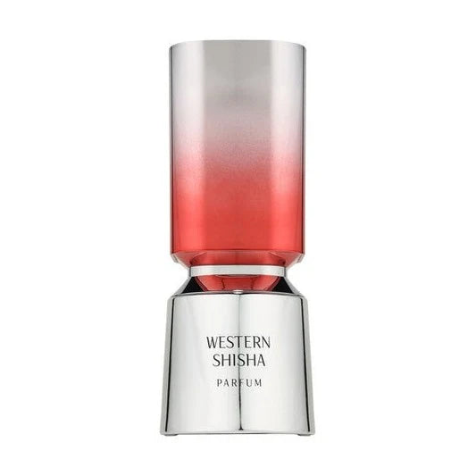 A metallic red gradient bottle labeled "French Avenue Western Shisha 100ml Eau De Parfum" features a cylindrical shape, reflective base, and offers an alluring Oriental Vanilla fragrance from French Avenue.