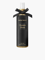 The Women Secret Passionate Treasure 250ml Body Mist features an alluring floral fruity fragrance, with a black label, gold accents, and a decorative black bow at the neck.