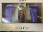 The Lancôme Hypnose 30ml EDP Gift Set includes two purple tubes and a perfume bottle, beautifully arranged in a white box with gold accents—a luxurious women's fragrance gift.