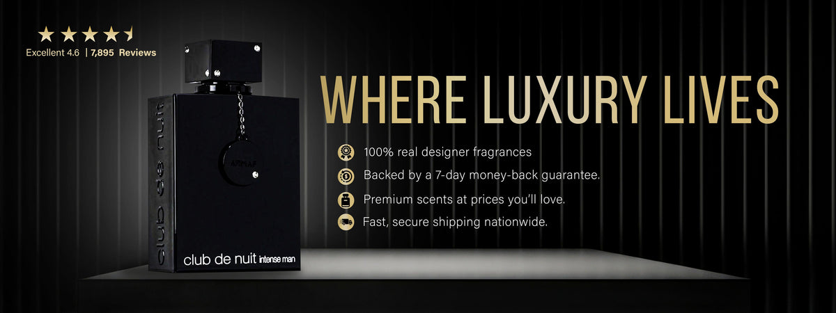 Black Club De Nuit Intense Man perfume bottle on display with customer reviews, luxury branding, and fragrance benefits listed beside it.
