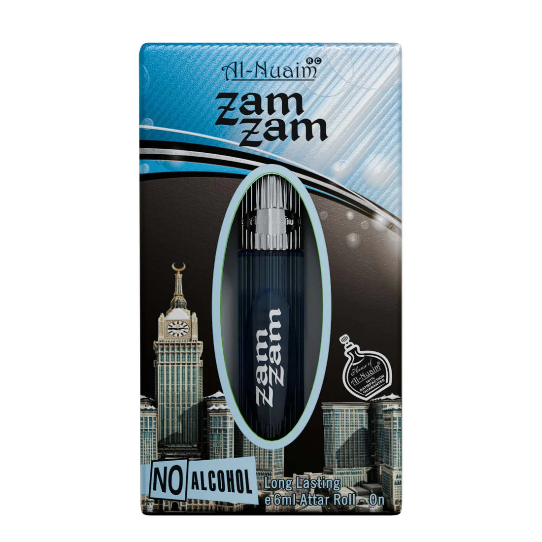 A boxed bottle of Al Nuaim Zam Zam 6ml Perfume Oil roll-on, labeled as long lasting and alcohol-free, with a clock tower illustration—a unisex spiritual fragrance from Al Nuaim.