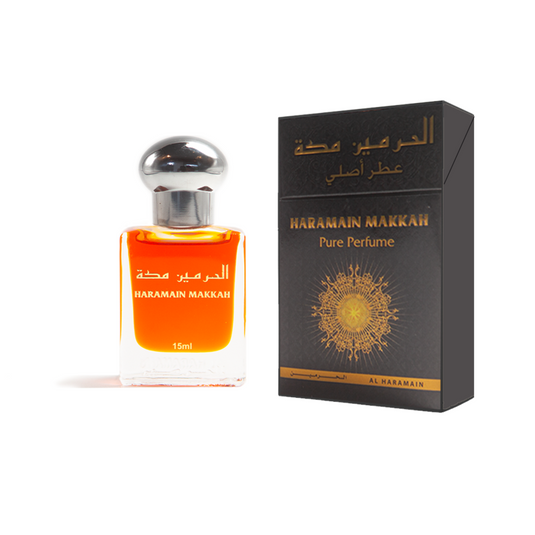 Al Haramain Makkah Pure Perfume 15ml, a pure Muslim perfume from Al Haramain, comes in a box and offers captivating fragrance notes.