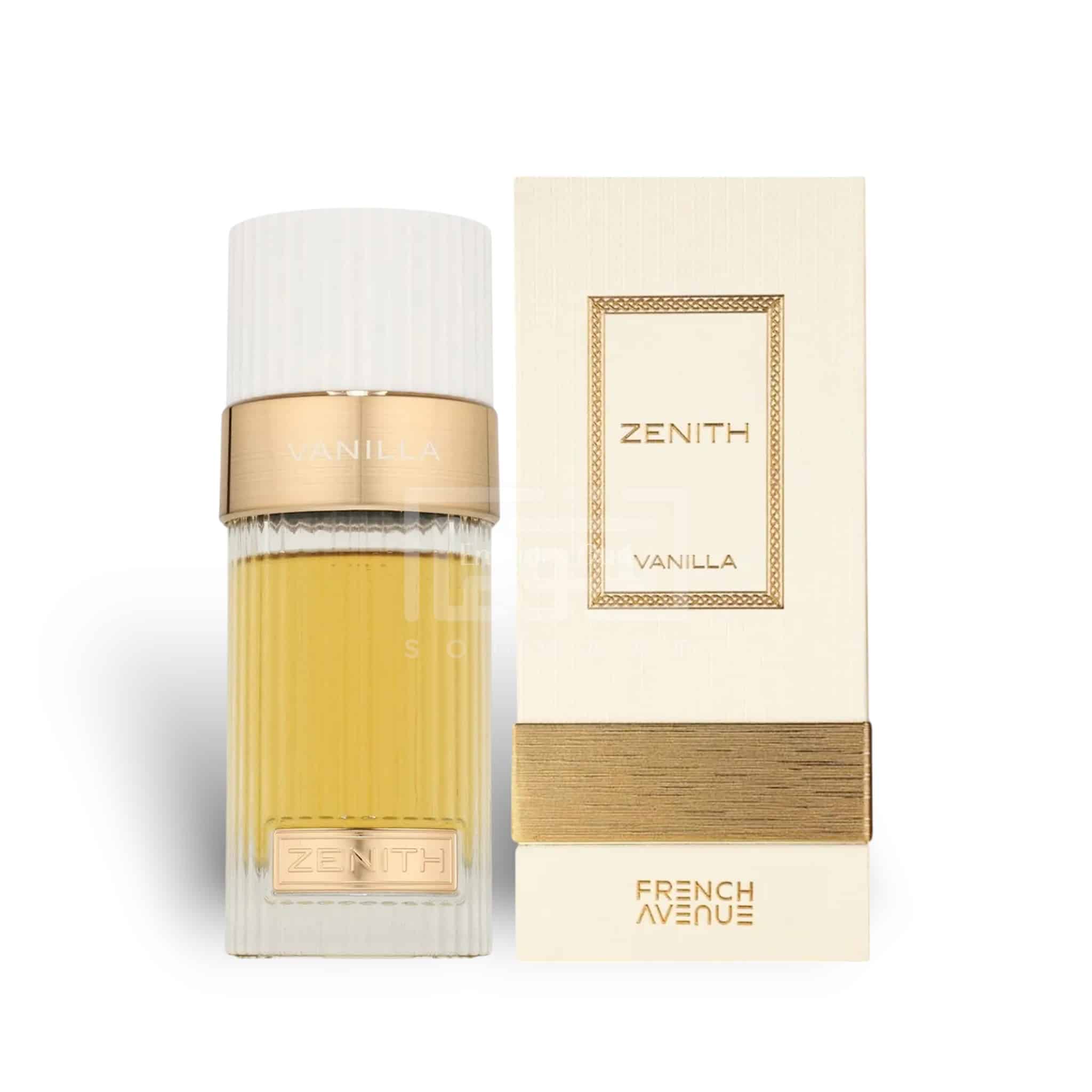 A bottle of French Avenue Zenith Vanilla 100ml EDP, a luxurious unisex scent, is displayed beside its elegant cream and gold packaging.