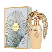 A gold Lattafa Afeef 100ml Eau De Parfum bottle with a peacock-shaped cap is displayed alongside a matching feather-decorated box, reflecting the refined elegance of this unisex fragrance by lattafa.