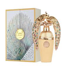 A gold Lattafa Afeef 100ml Eau De Parfum bottle with a peacock-shaped cap is displayed alongside a matching feather-decorated box, reflecting the refined elegance of this unisex fragrance by lattafa.