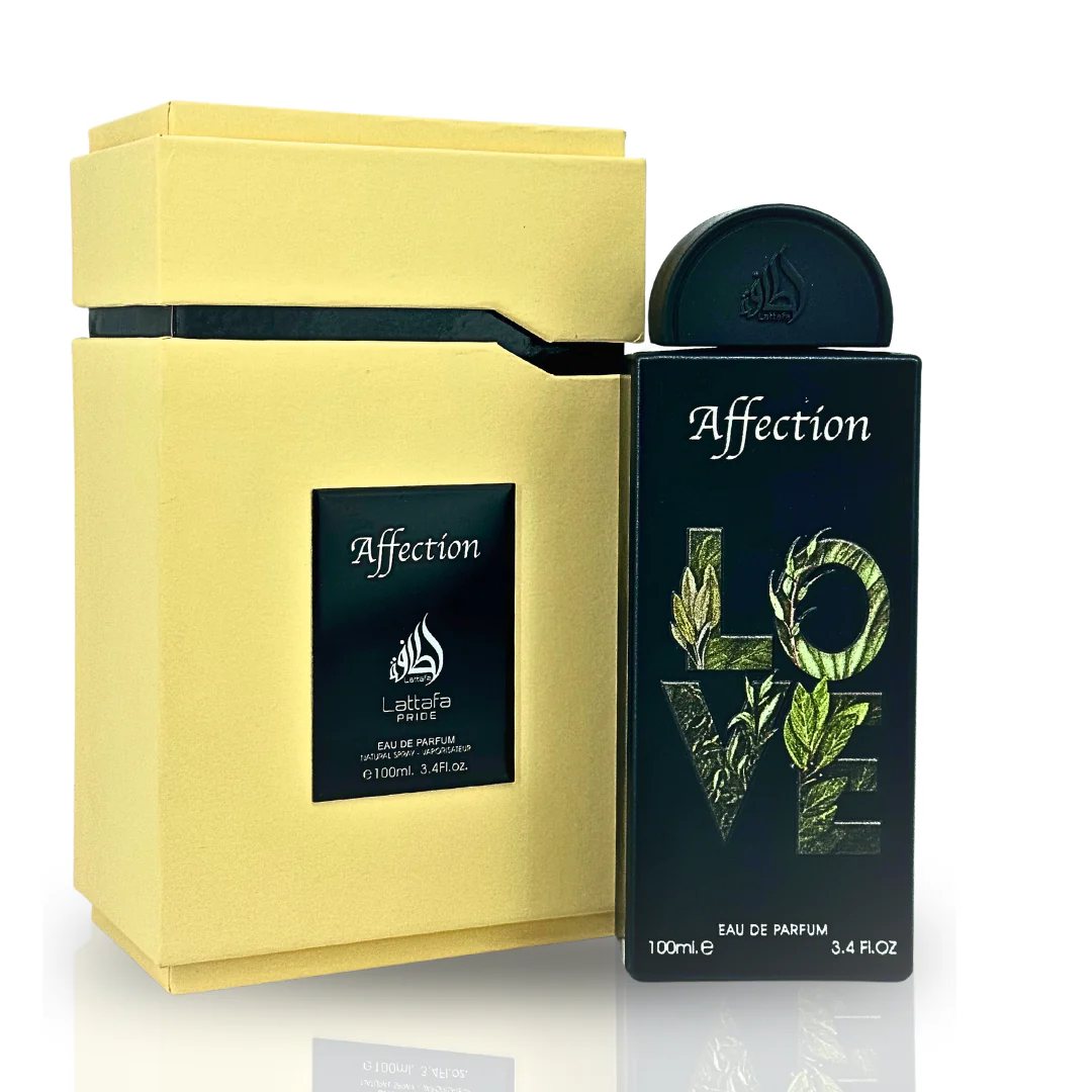A black Lattafa Affection 100ml Eau De Parfum bottle marked "LOVE" sits beside a light yellow box, both displaying the name and size, capturing an Oriental Floral scent reminiscent of Lattafa Sehr.