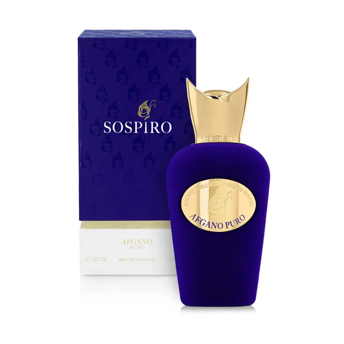 A blue and gold bottle of Sospiro Afgano Puro 100ml EDP by Sospiro is displayed in front of its coordinating blue and gold packaging, highlighting this luxurious unisex fragrance.