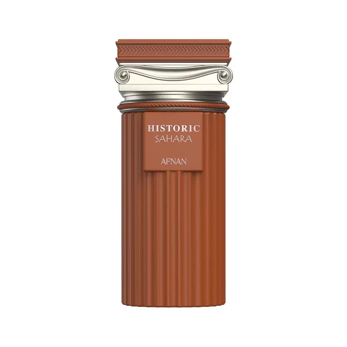 Afnan Historic Sahara 100ml Extrait de Parfum (inspired by Althair) features a brown, cylindrical bottle with a ridged design and silver cap, unisex appeal, and timeless elegance from the Afnan brand.